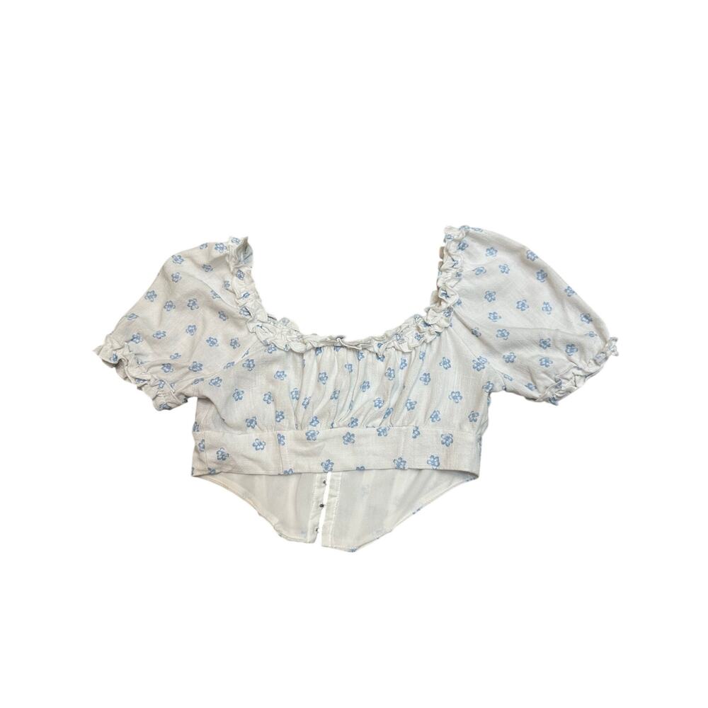 L.A. Hearts Floral Puff Sleeve‎ Corset Crop Top XS White Blue Linen Blend - Picture 5 of 10